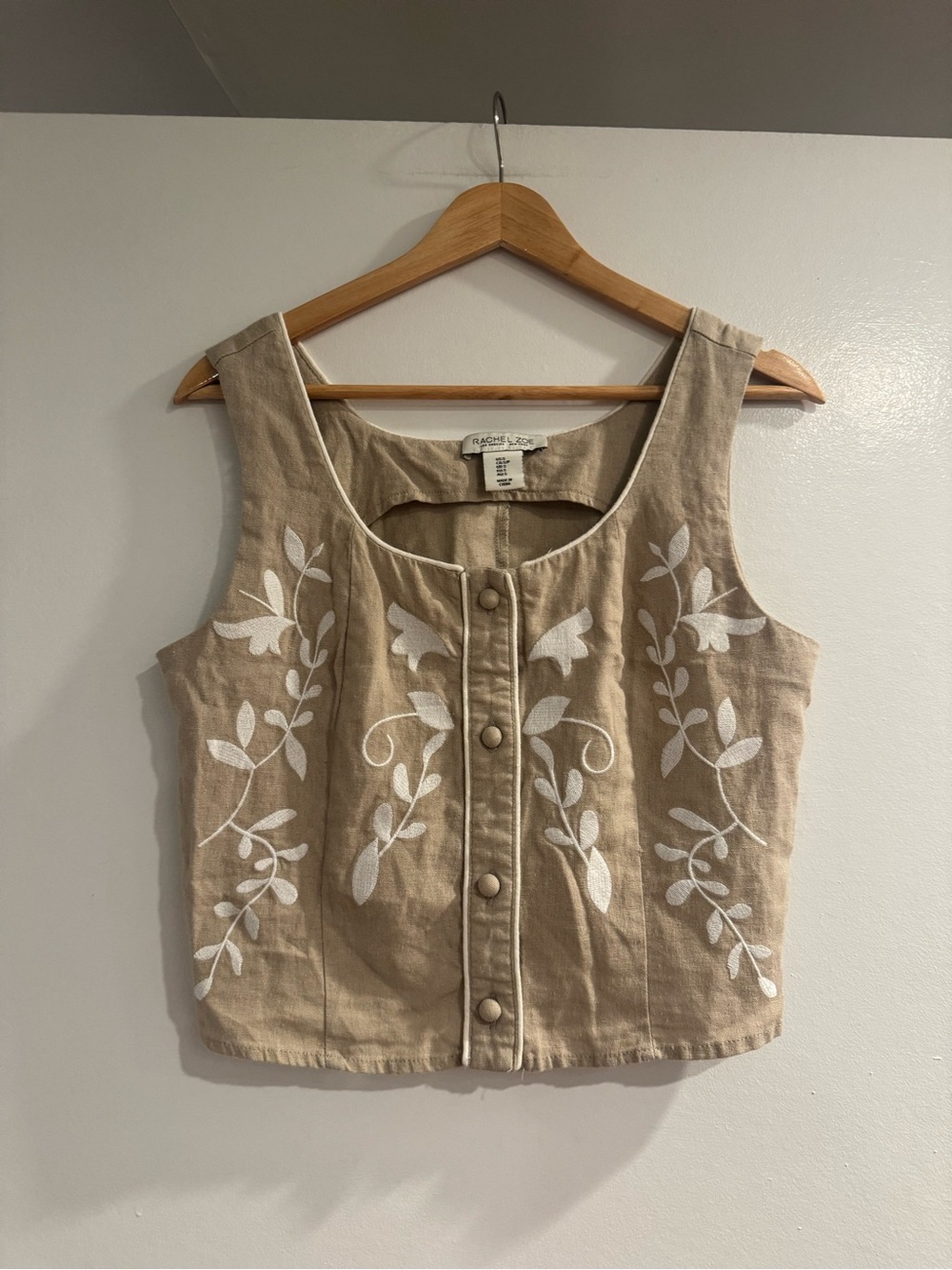 Rachel Zoe Beige Embroidered Button-Front Crop Top Small Linen Blend Boho